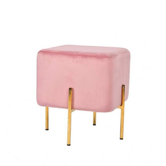 Velvet Upholstered Ottoman with Metal Base and Box Seat, Pink and Gold - BM219255