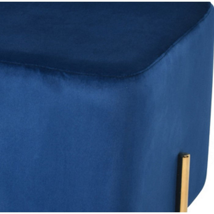 Velvet Upholstered Ottoman with Metal Base and Box Seat, Blue and Gold - BM219256