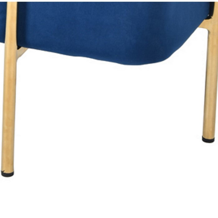 Velvet Upholstered Ottoman with Metal Base and Box Seat, Blue and Gold - BM219256