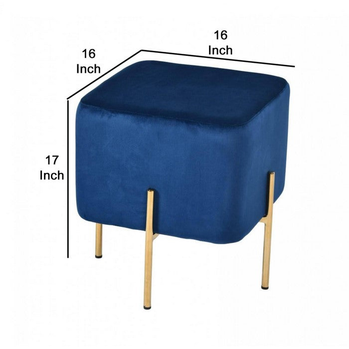 Velvet Upholstered Ottoman with Metal Base and Box Seat, Blue and Gold - BM219256