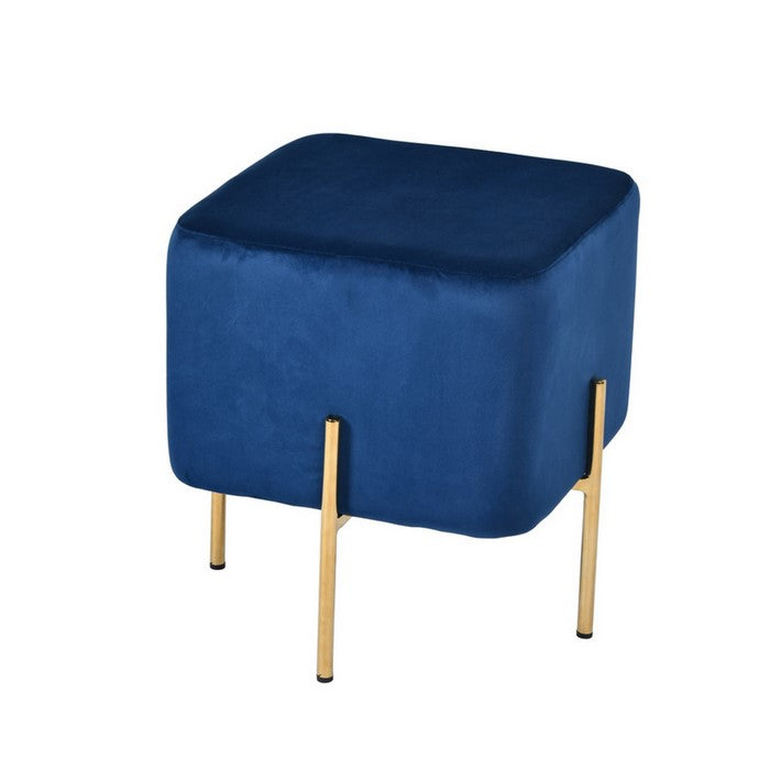 Velvet Upholstered Ottoman with Metal Base and Box Seat, Blue and Gold - BM219256