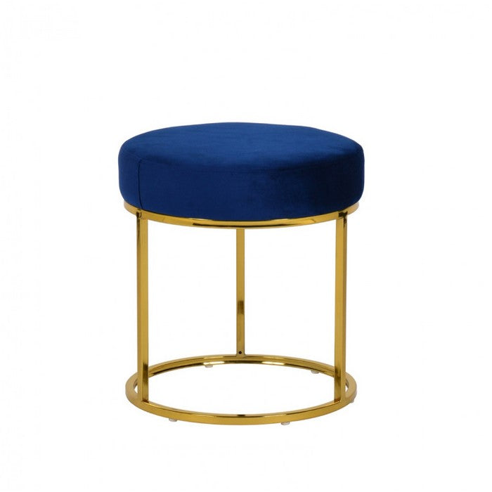 Velvet Upholstered Round Ottoman with Tubular Metal Base, Blue and Gold - BM219273