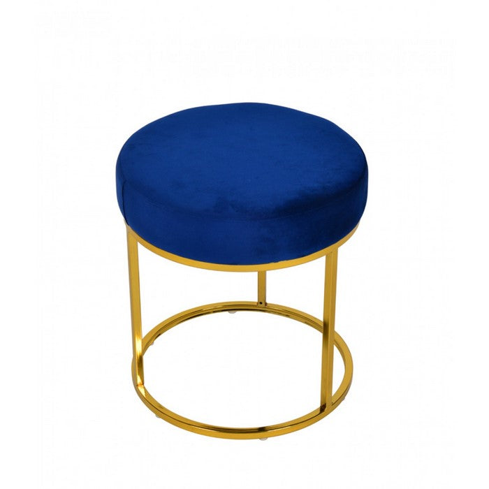 Velvet Upholstered Round Ottoman with Tubular Metal Base, Blue and Gold - BM219273