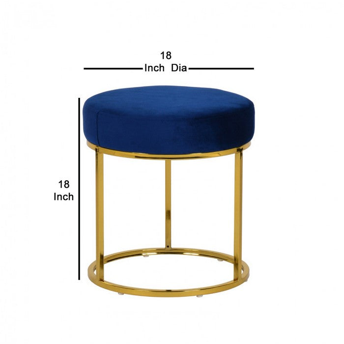 Velvet Upholstered Round Ottoman with Tubular Metal Base, Blue and Gold - BM219273