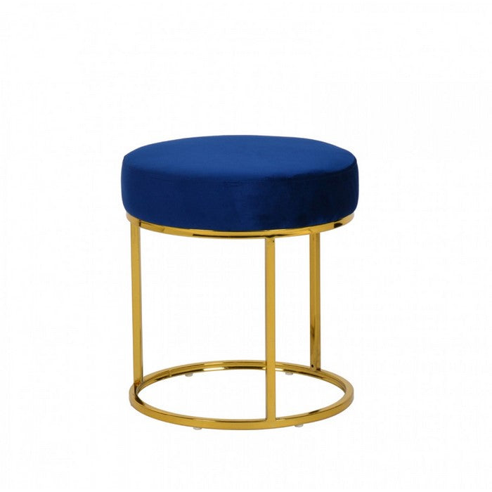 Velvet Upholstered Round Ottoman with Tubular Metal Base, Blue and Gold - BM219273