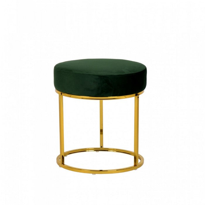 Velvet Upholstered Round Ottoman with Tubular Metal Base, Green and Gold - BM219274