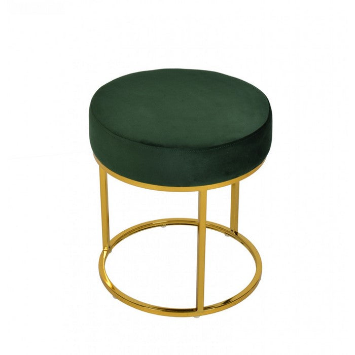 Velvet Upholstered Round Ottoman with Tubular Metal Base, Green and Gold - BM219274