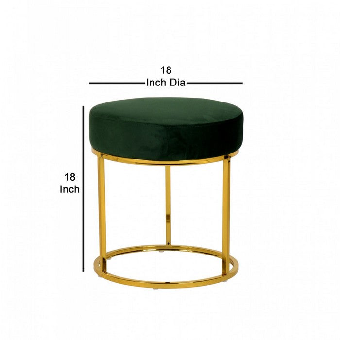 Velvet Upholstered Round Ottoman with Tubular Metal Base, Green and Gold - BM219274