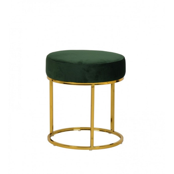 Velvet Upholstered Round Ottoman with Tubular Metal Base, Green and Gold - BM219274