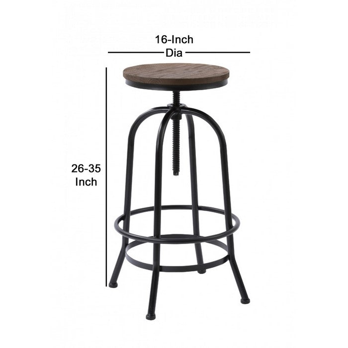 Height Adjustable Backless Barstool with Round Wooden Seat, Black and Brown - BM219276