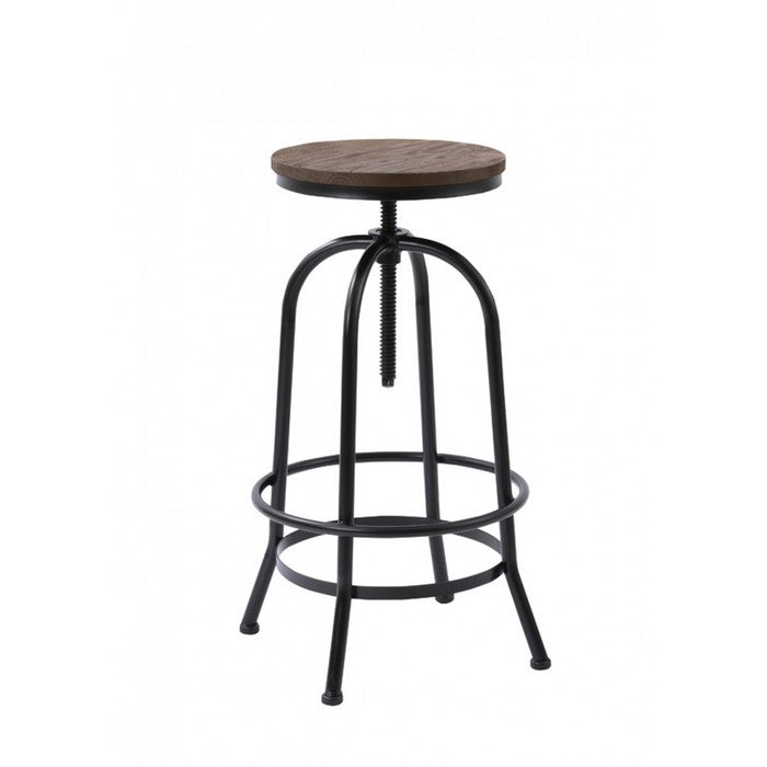 Height Adjustable Backless Barstool with Round Wooden Seat, Black and Brown - BM219276