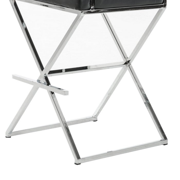 Leatherette Button Tufted Back Bar Stool with X Shaped Metal Base, Black - BM219278