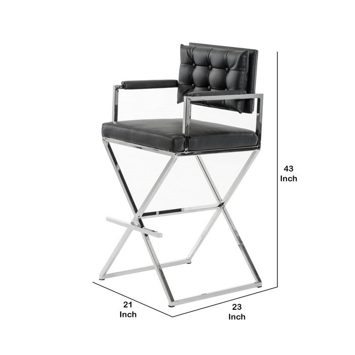 Leatherette Button Tufted Back Bar Stool with X Shaped Metal Base, Black - BM219278