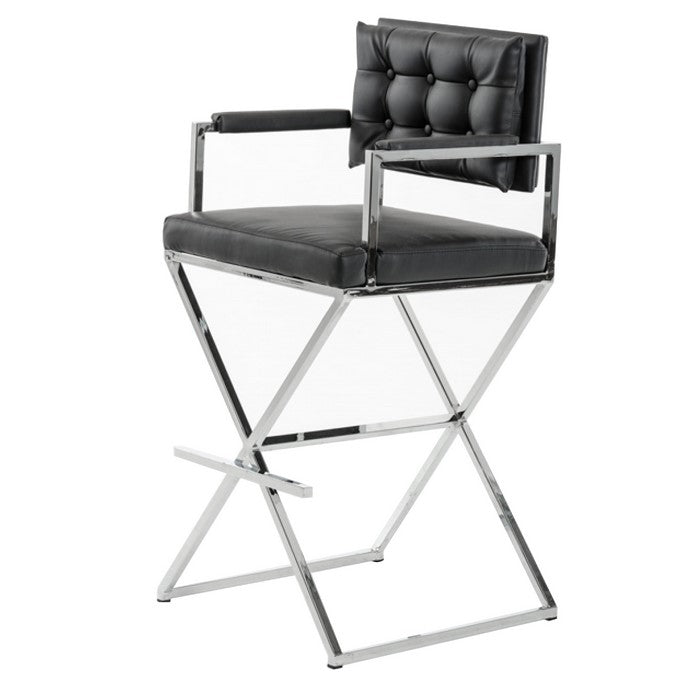 Leatherette Button Tufted Back Bar Stool with X Shaped Metal Base, Black - BM219278