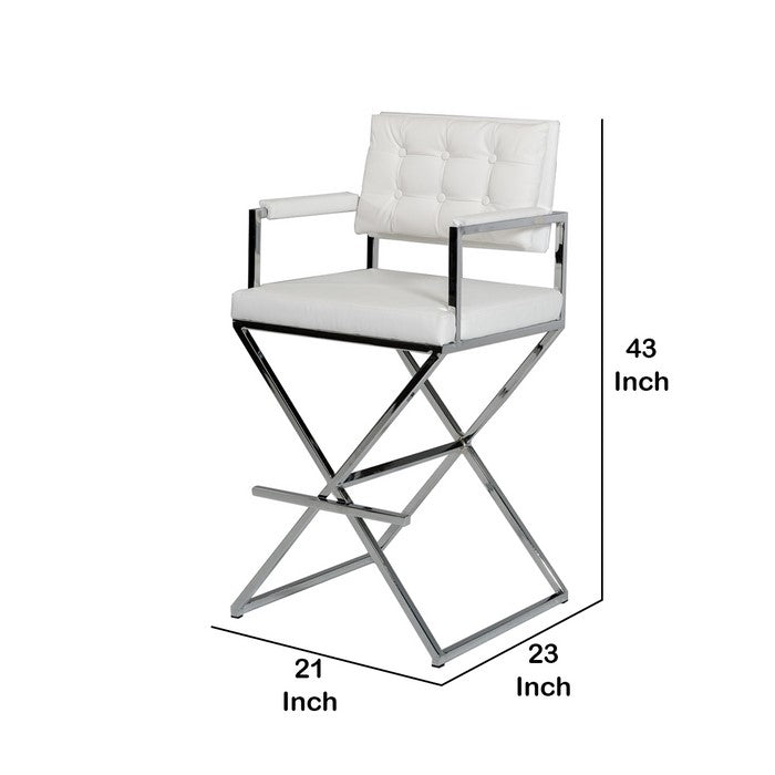 Leatherette Button Tufted Back Bar Stool with X Shaped Metal Base, White - BM219279
