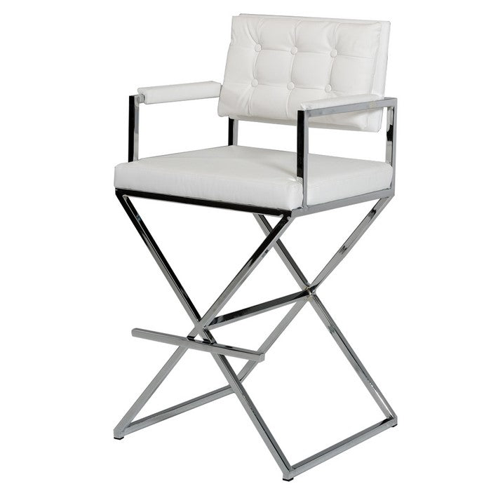 Leatherette Button Tufted Back Bar Stool with X Shaped Metal Base, White - BM219279