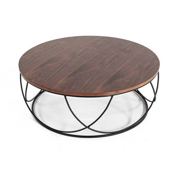 Wooden Round Top Coffee Table with Open Geometric Base, Brown and Black - BM219280