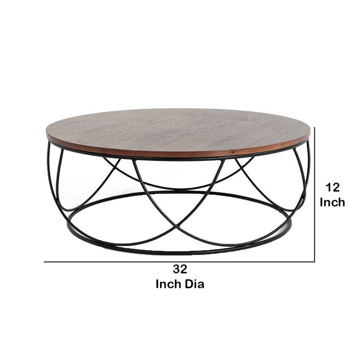 Wooden Round Top Coffee Table with Open Geometric Base, Brown and Black - BM219280