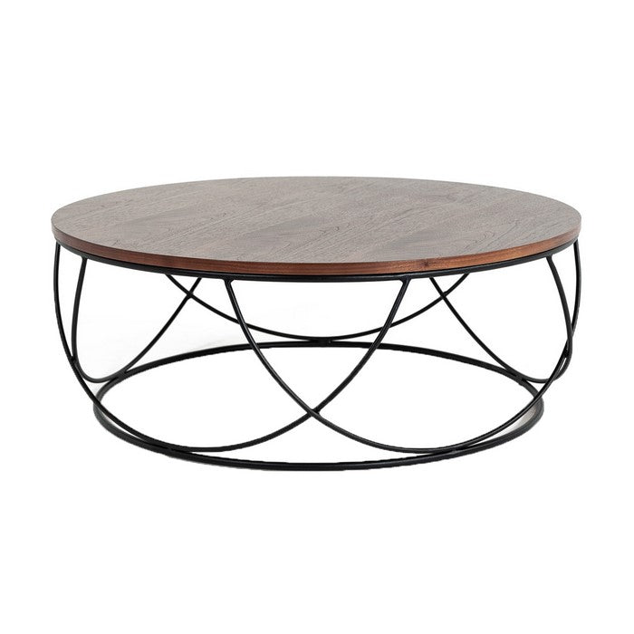 Wooden Round Top Coffee Table with Open Geometric Base, Brown and Black - BM219280