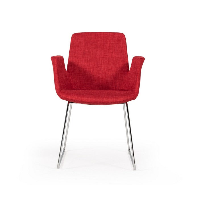 Fabric Upholstered Dining Chair with Metal Sled Base and Flared Arms, Red - BM219283