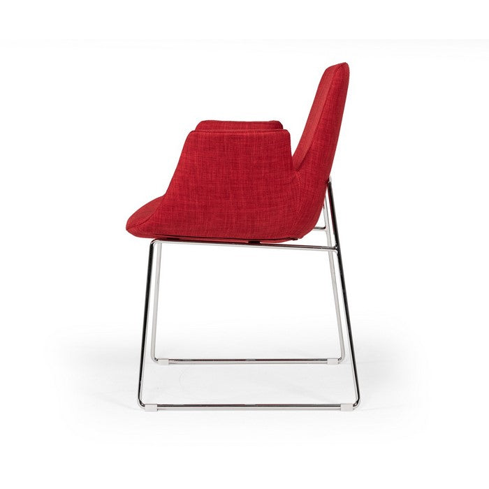 Fabric Upholstered Dining Chair with Metal Sled Base and Flared Arms, Red - BM219283