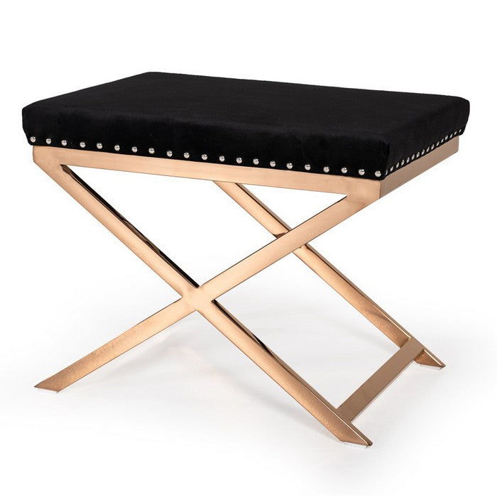 Fabric Ottoman with Double X Shaped Base and Nailhead Trim, Black and Gold - BM219284