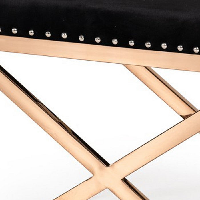 Fabric Ottoman with Double X Shaped Base and Nailhead Trim, Black and Gold - BM219284