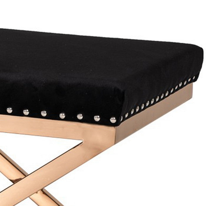 Fabric Ottoman with Double X Shaped Base and Nailhead Trim, Black and Gold - BM219284