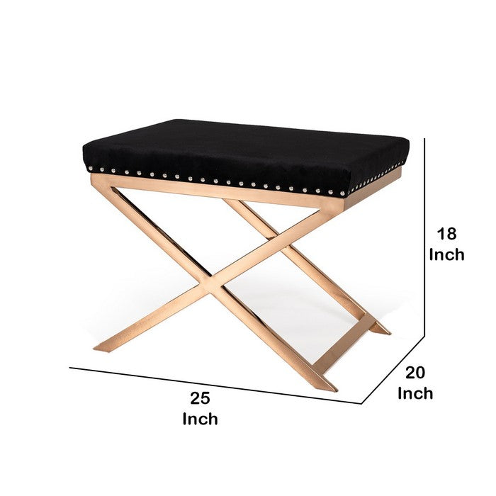 Fabric Ottoman with Double X Shaped Base and Nailhead Trim, Black and Gold - BM219284