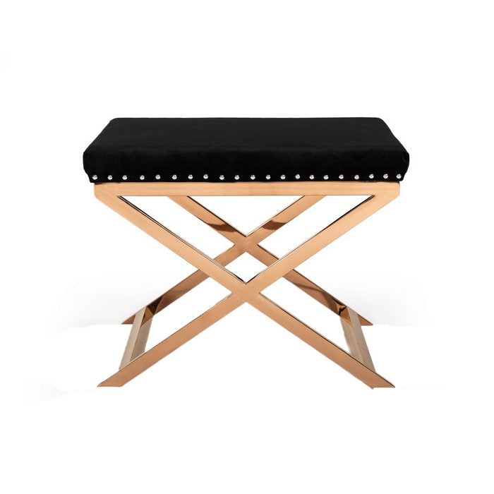 Fabric Ottoman with Double X Shaped Base and Nailhead Trim, Black and Gold - BM219284