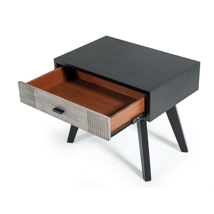 1 Drawer Wooden Nightstand with Angled Legs and Rough Sawn Texture, Gray - BM219287