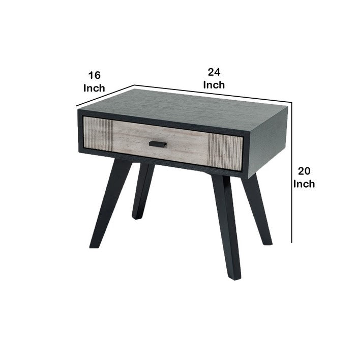 1 Drawer Wooden Nightstand with Angled Legs and Rough Sawn Texture, Gray - BM219287