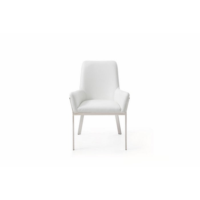 Bonded Leather Dining Chair with Flared Armrest and Metal Legs, White - BM219290
