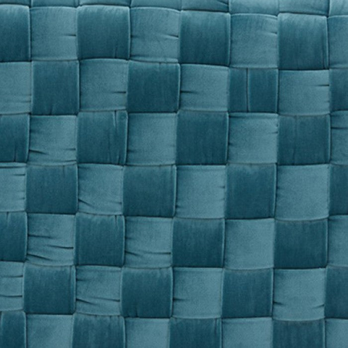 Fabric Upholstered Ottoman with Lattice Design Woven Top, Blue and Gold - BM219292