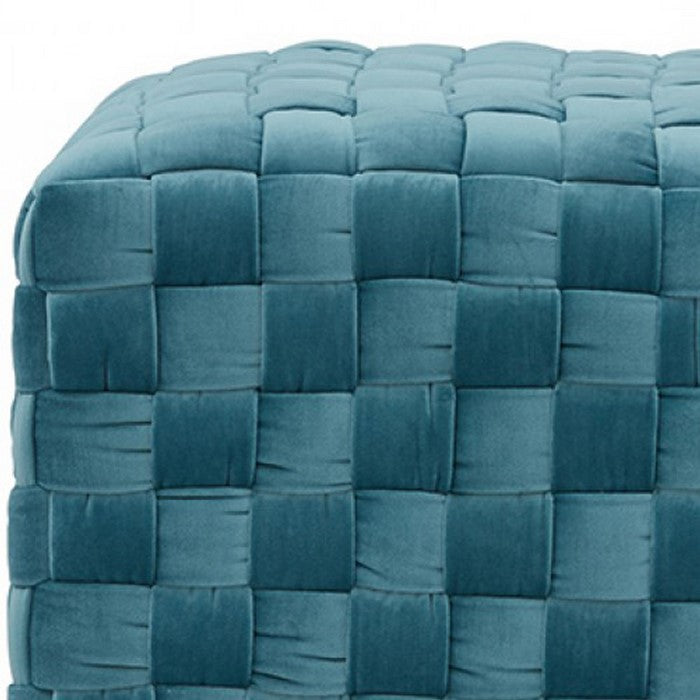 Fabric Upholstered Ottoman with Lattice Design Woven Top, Blue and Gold - BM219292