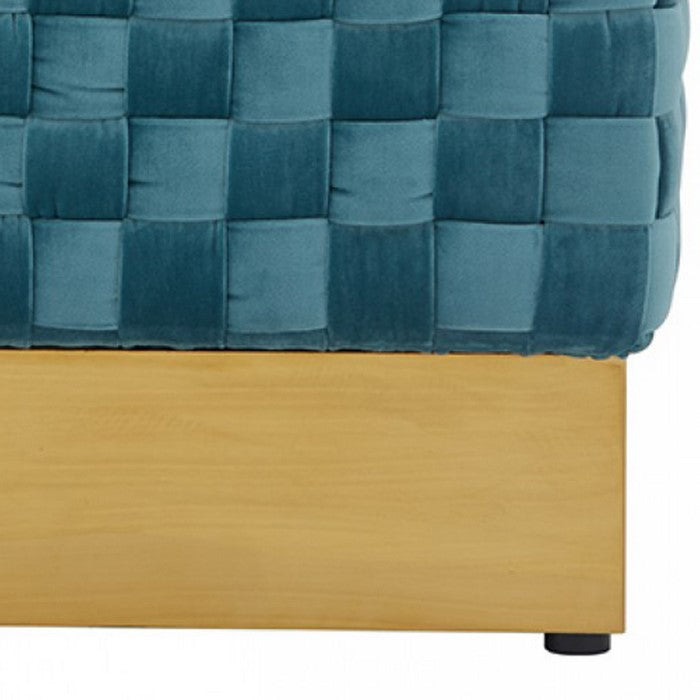 Fabric Upholstered Ottoman with Lattice Design Woven Top, Blue and Gold - BM219292