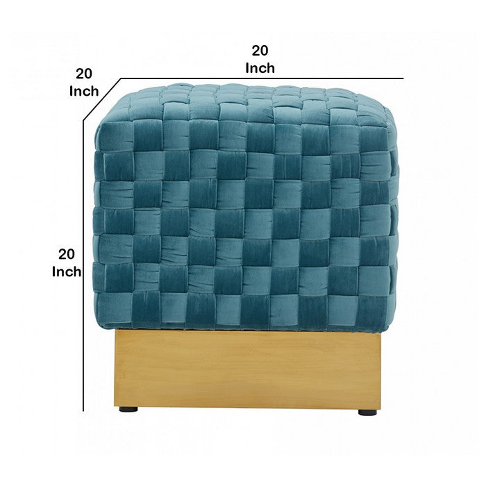 Fabric Upholstered Ottoman with Lattice Design Woven Top, Blue and Gold - BM219292