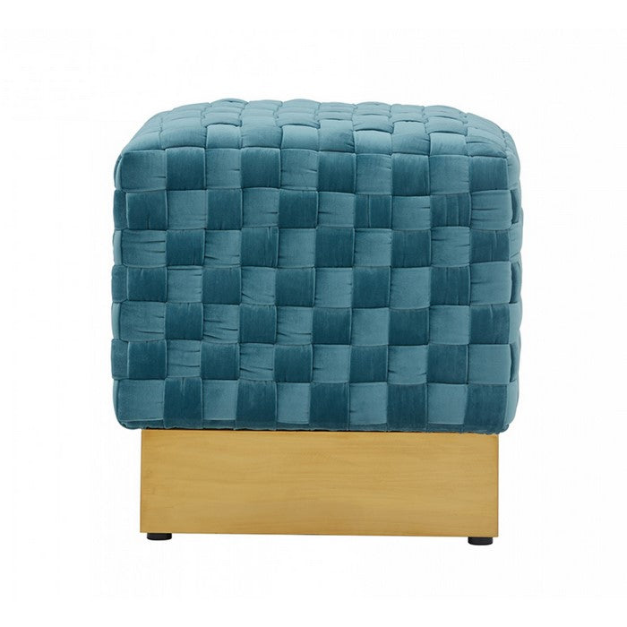 Fabric Upholstered Ottoman with Lattice Design Woven Top, Blue and Gold - BM219292