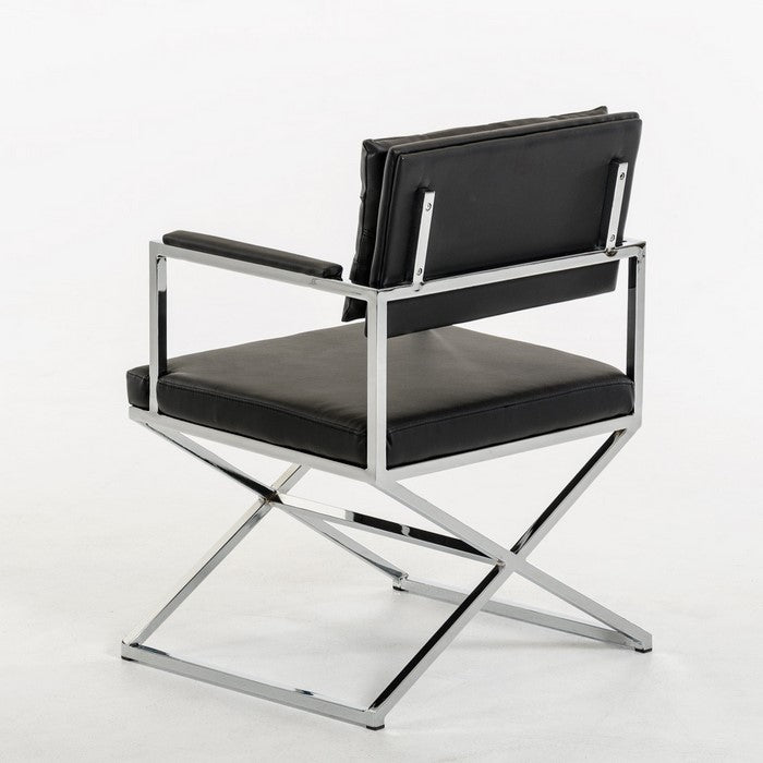 Button Tufted Back Dining Chair with X Shaped Metal Base, Black and Silver - BM219300