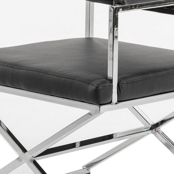 Button Tufted Back Dining Chair with X Shaped Metal Base, Black and Silver - BM219300