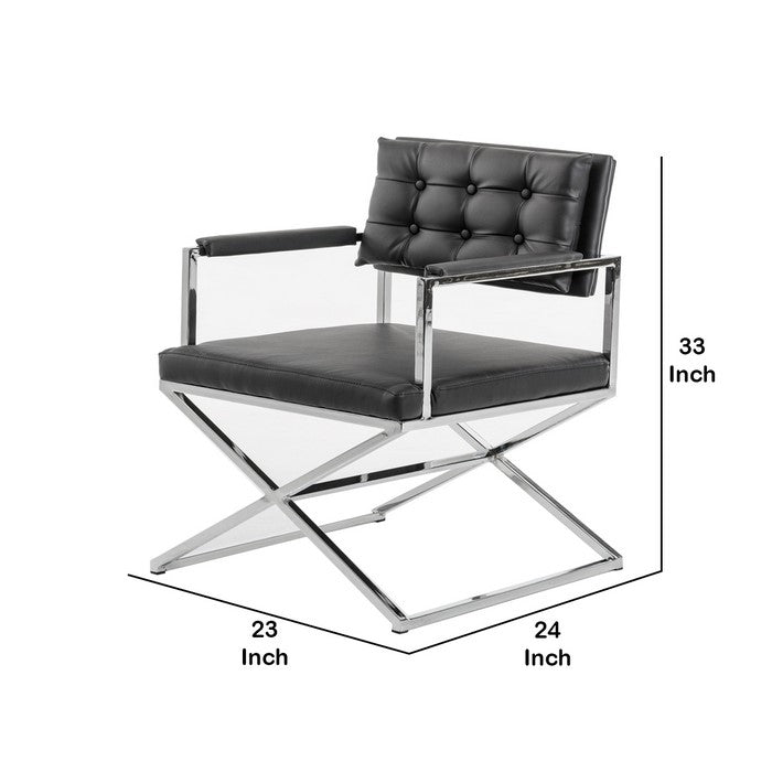 Button Tufted Back Dining Chair with X Shaped Metal Base, Black and Silver - BM219300