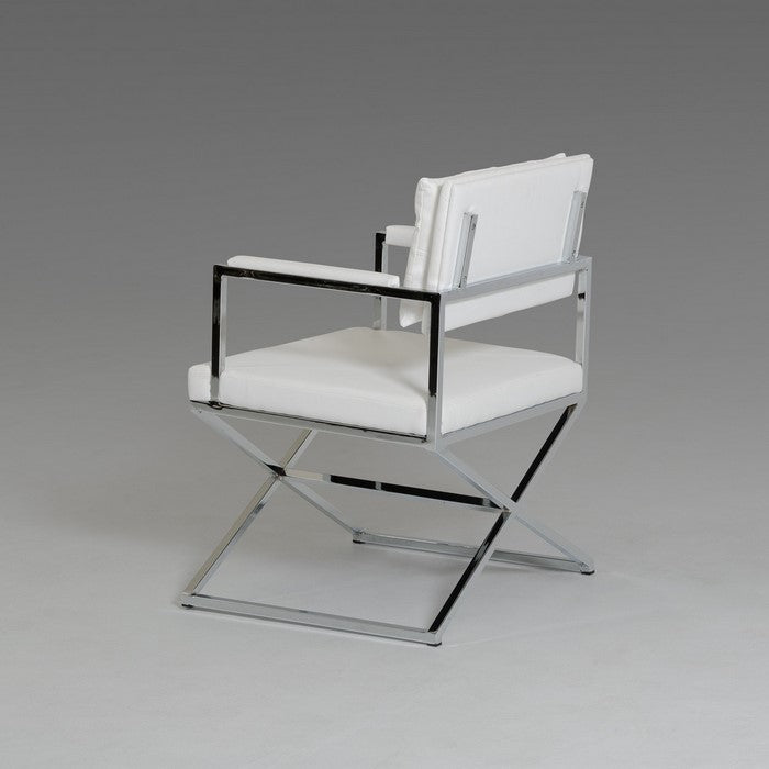 Button Tufted Back Dining Chair with X Shaped Metal Base, White and Silver - BM219301