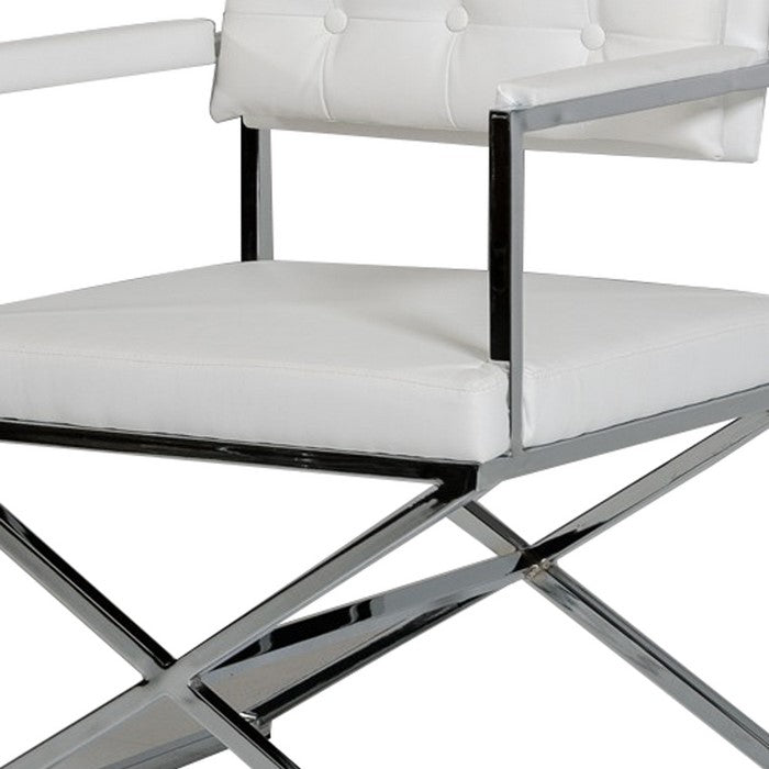 Button Tufted Back Dining Chair with X Shaped Metal Base, White and Silver - BM219301