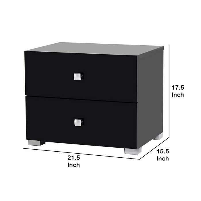 2 Drawer Wooden Nightstand with Square Shaped Metal Pulls,Black and Silver - BM219305