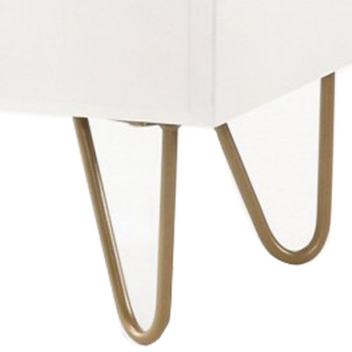 2 Drawer Wooden Nightstand with Metal Pulls and Hairpin Legs,White and Gold - BM219306