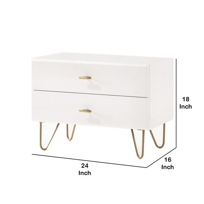 2 Drawer Wooden Nightstand with Metal Pulls and Hairpin Legs,White and Gold - BM219306