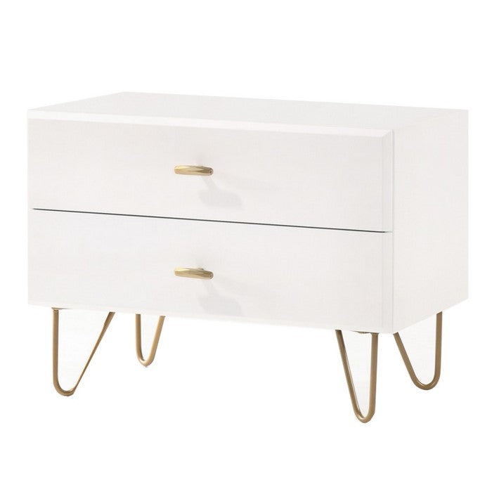 2 Drawer Wooden Nightstand with Metal Pulls and Hairpin Legs,White and Gold - BM219306