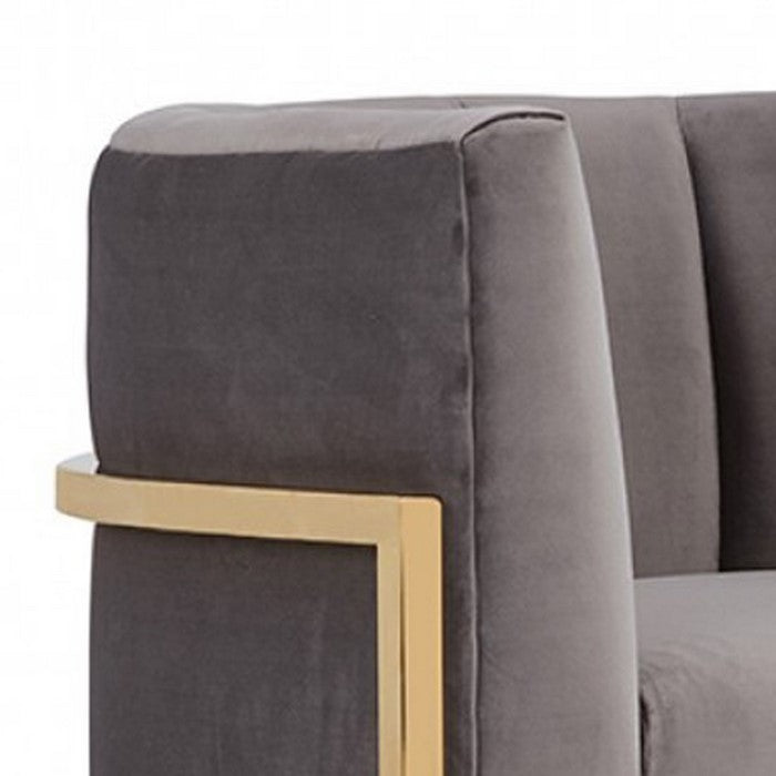 Semi Circle Fabric Lounge Chair with Vertical Tufted Back, Gray and Gold - BM219310