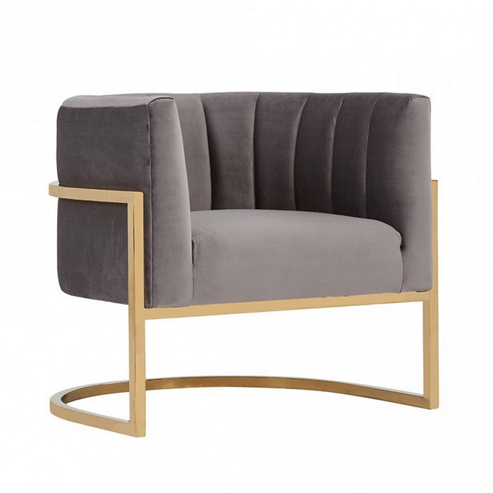 Semi Circle Fabric Lounge Chair with Vertical Tufted Back, Gray and Gold - BM219310