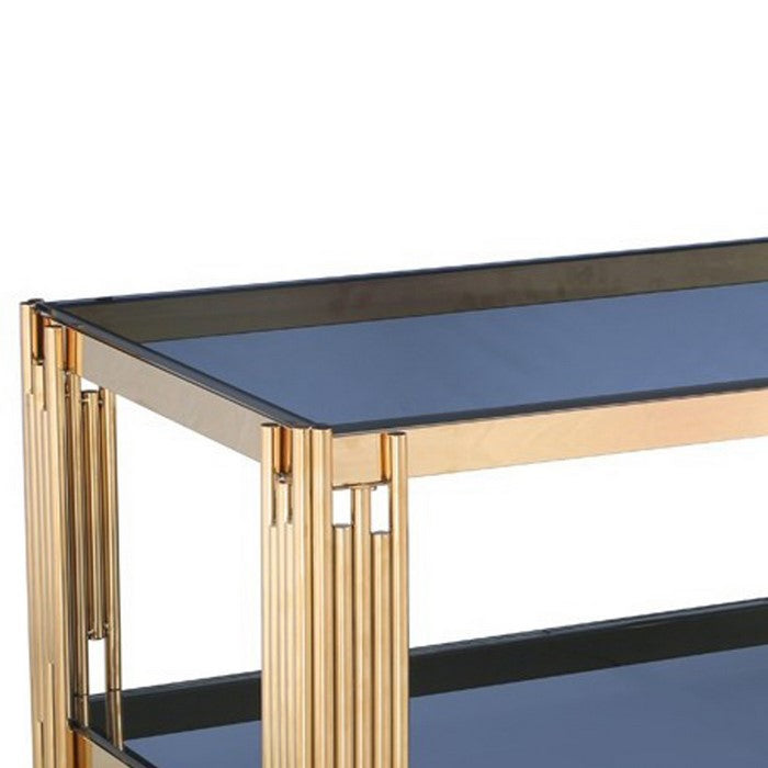 Rectangular Coffee Table with Glass Top and Bottom, Blue and Gold - BM219317